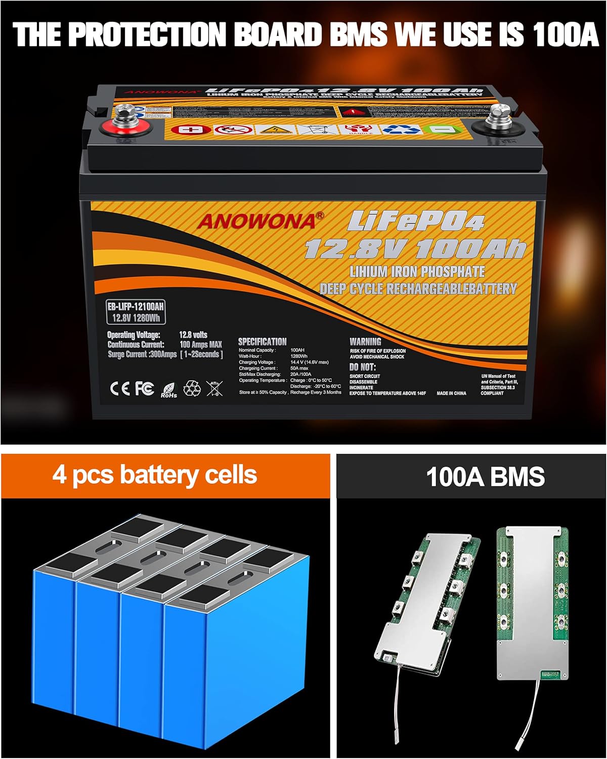 12.8V 200Ah Lithium Iron LiFePO4 Deep Cycle Battery with 200A BMS H871