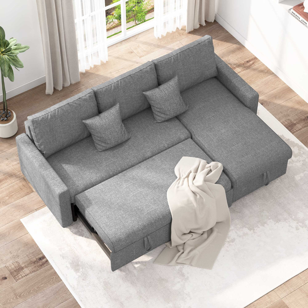 Dark Gray Linen Fabric L Shape Sofa Bed with Storage Chaise H3802