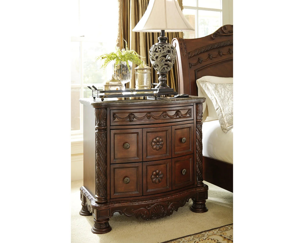 Ornate 3 Drawer Nightstand with Marble Inlay Top, Dark Brown X9621
