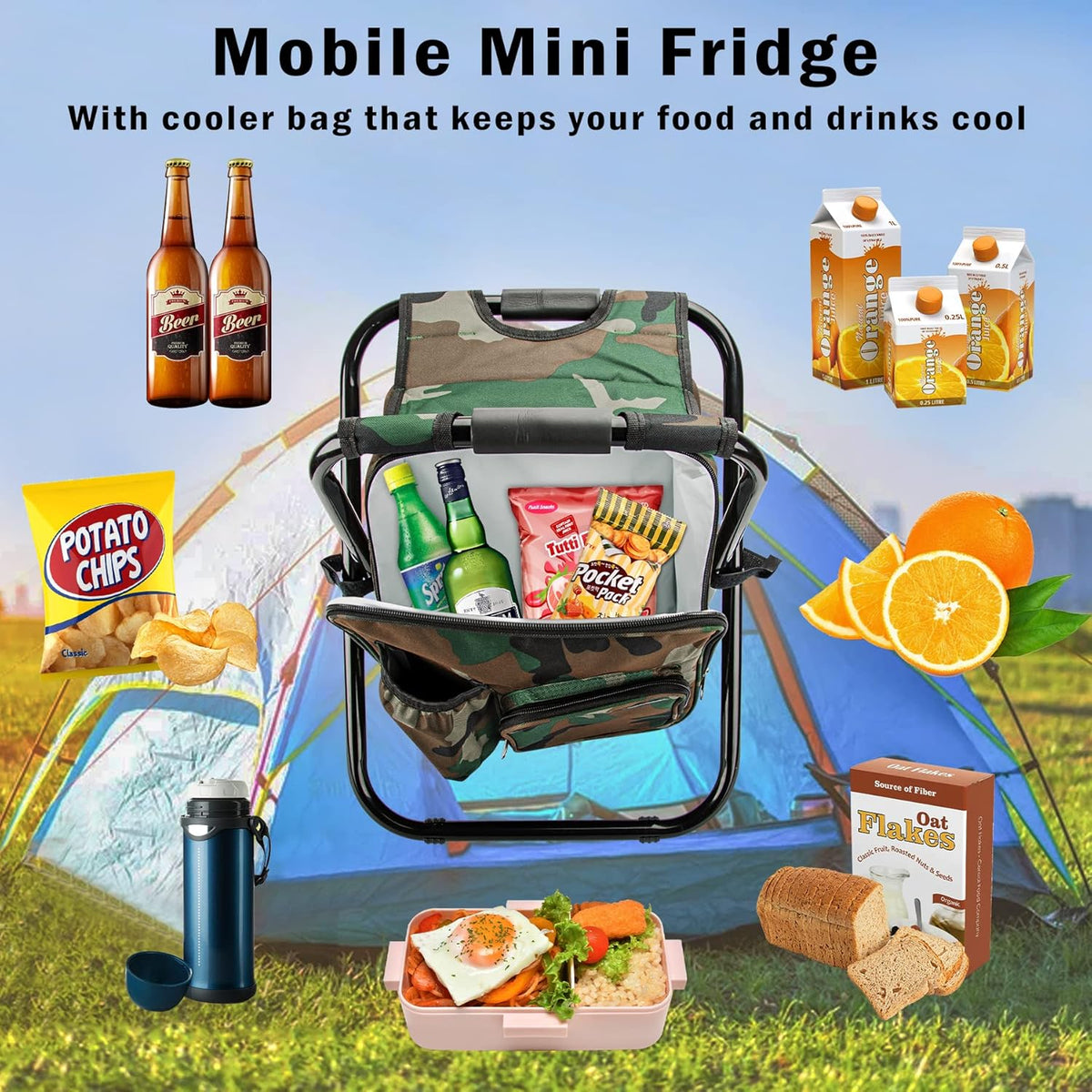 Folding Stool Backpack Insulated Cooler Bag with Front Pocket and Bottle Pocket H105912