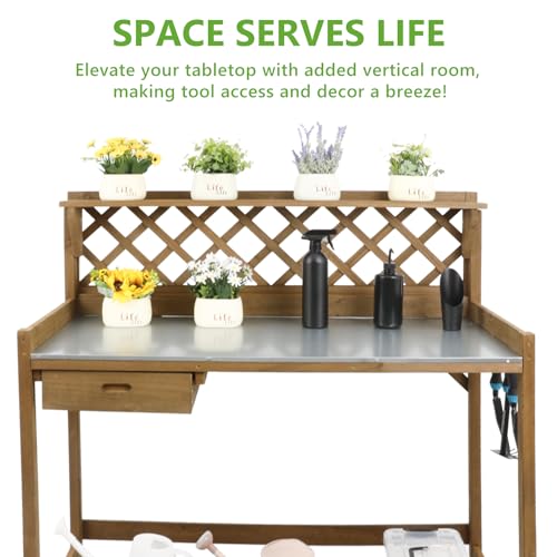 Wooden Potting Bench with Metal Table Top, Drawer and Shelf C412