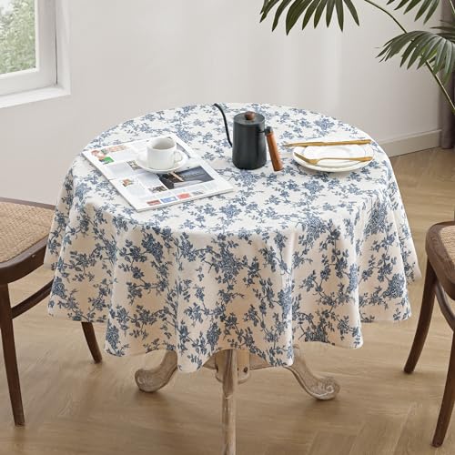 Blue Flower 55 Inch Round Cotton Linen Tablecloth A9410