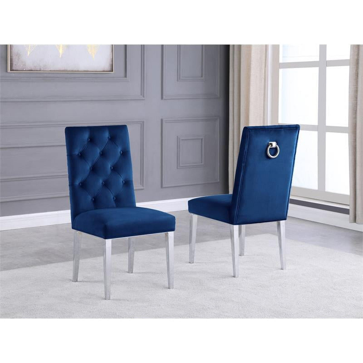 Navy Blue Velvet Tufted Side Chairs with Silver Chrome Legs Set of 2 Y473440