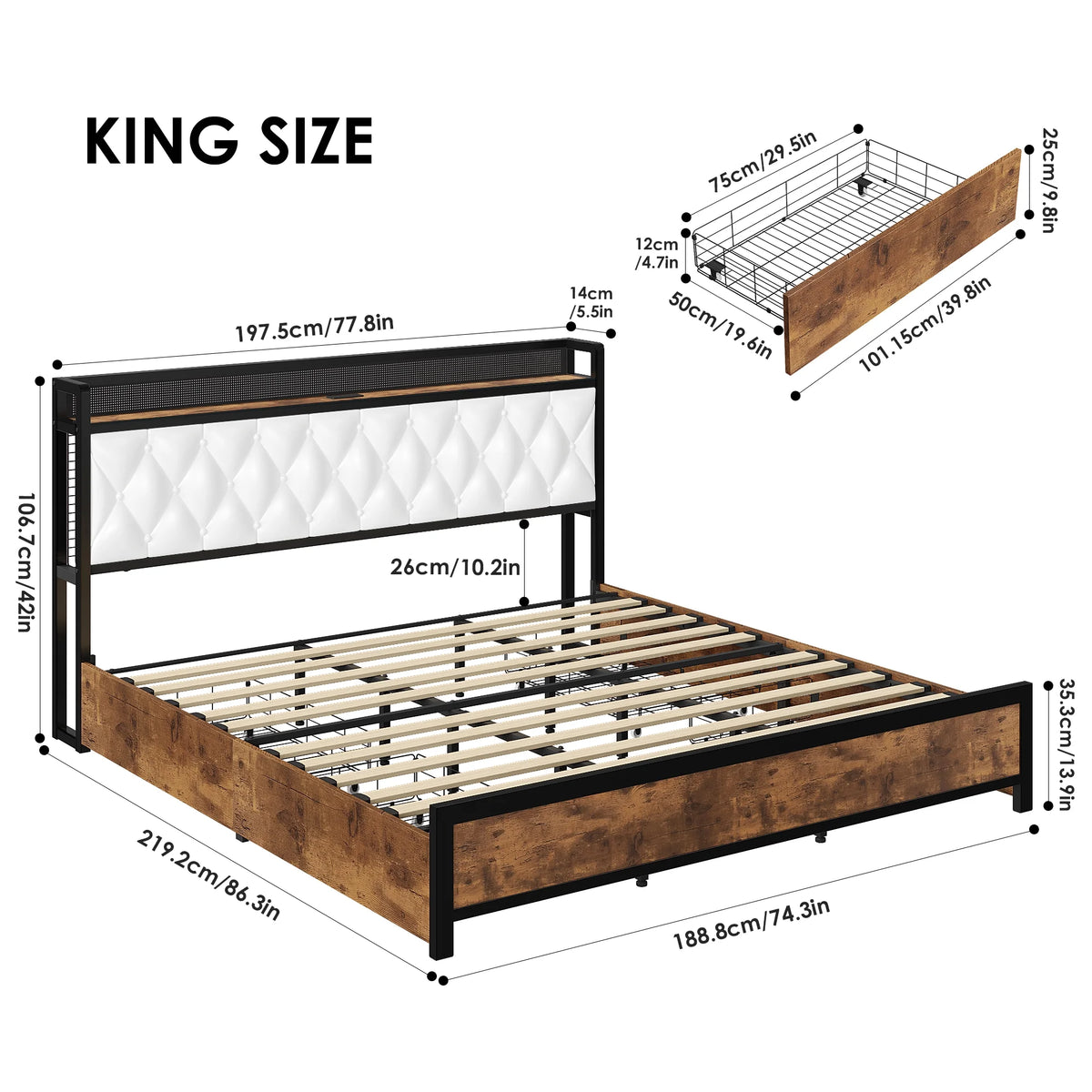 King Size White Leather Upholstered Platform Bed Frame with 4 Storage Drawers N6909