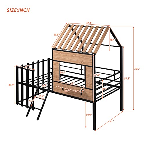 White Twin Size Metal Low Loft Bed Frame with Roof, Window, Guardrail and Ladder O61806