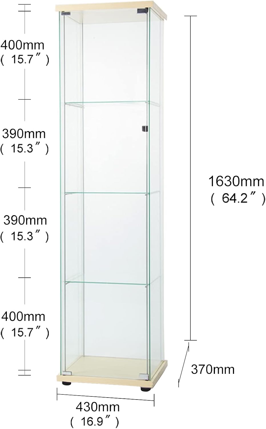 Glass Display Shelf 4 Shelves with Door Floor Standing Glass Curio Cabinet Wood Color L645