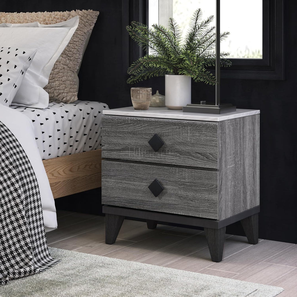 2 Drawer Gray Marble Top Side Table N906533