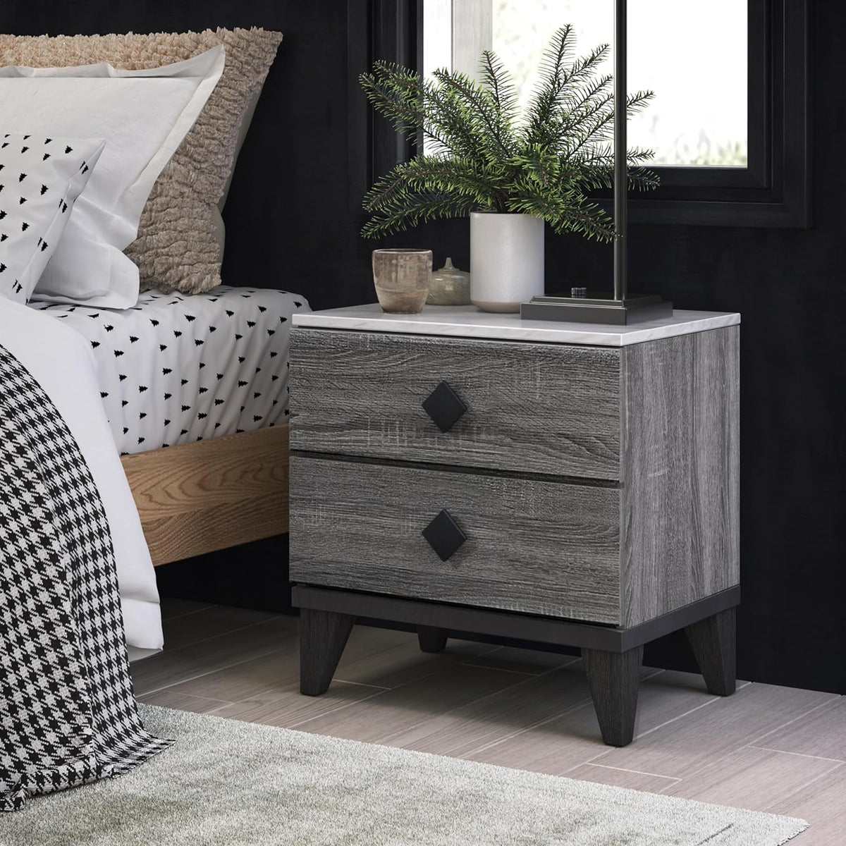 2 Drawer Gray Marble Top Side Table N906533