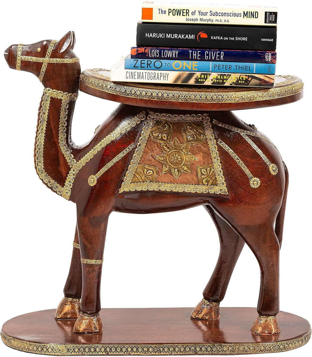 Hand Carved Wooden Elephant Side Table with Brass Accents Y5983