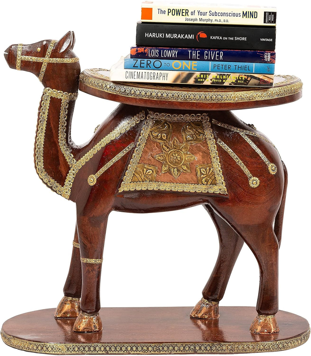 Hand Carved Wooden Elephant Side Table with Brass Accents Y5983