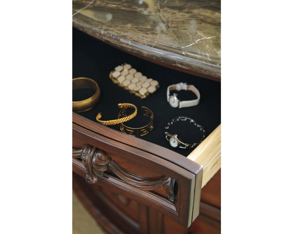 Ornate 3 Drawer Nightstand with Marble Inlay Top, Dark Brown X9621