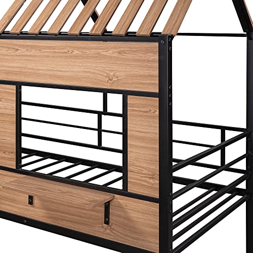 White Twin Size Metal Low Loft Bed Frame with Roof, Window, Guardrail and Ladder O61806