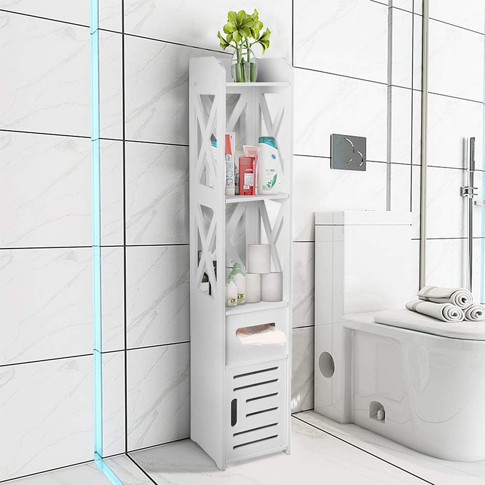 White Wooden Tall Narrow Corner Bathroom Storage Cabinet with Shutter Door and Open Shelf R50912