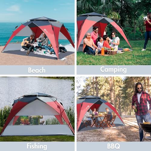 Red/Grey 2-4 Person UPF50+ Beach Tent with Carry Bag E112450