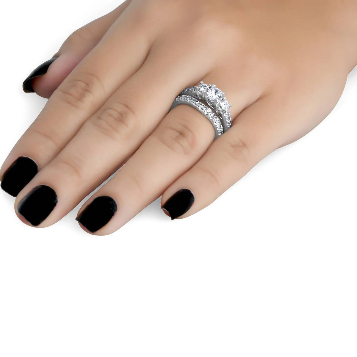 1 1/2 ct 3-Stone Diamond Engagement Ring Matching Wedding Band Set White Gold X2500