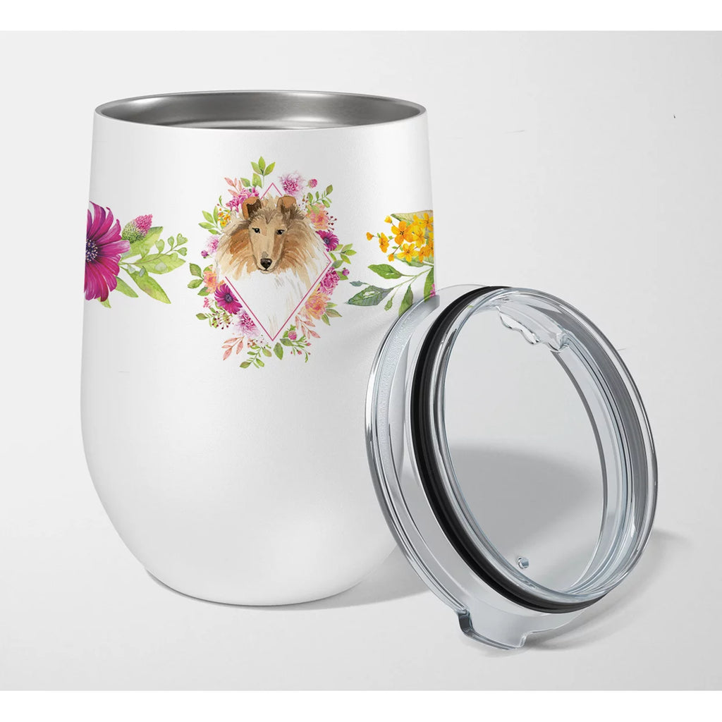 Collie Pink Flowers Stainless Steel 12 oz Stemless Wine Glass B2194