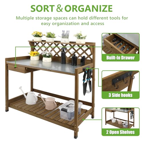 Wooden Potting Bench with Metal Table Top, Drawer and Shelf C412