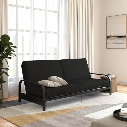 Black Convertible Metal Frame Futon Sofa with Coil Mattress P89373