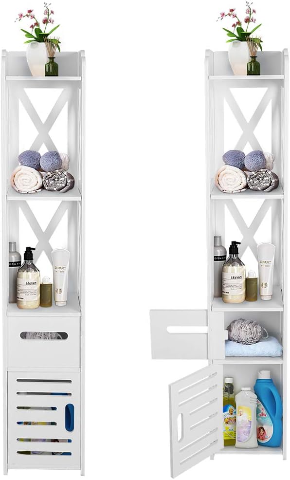 White Wooden Tall Narrow Corner Bathroom Storage Cabinet with Shutter Door and Open Shelf R50912