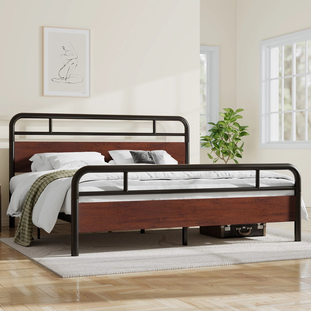 Dark Brown King Size Metal Platform Bed Frame with Wooden Headboard W311