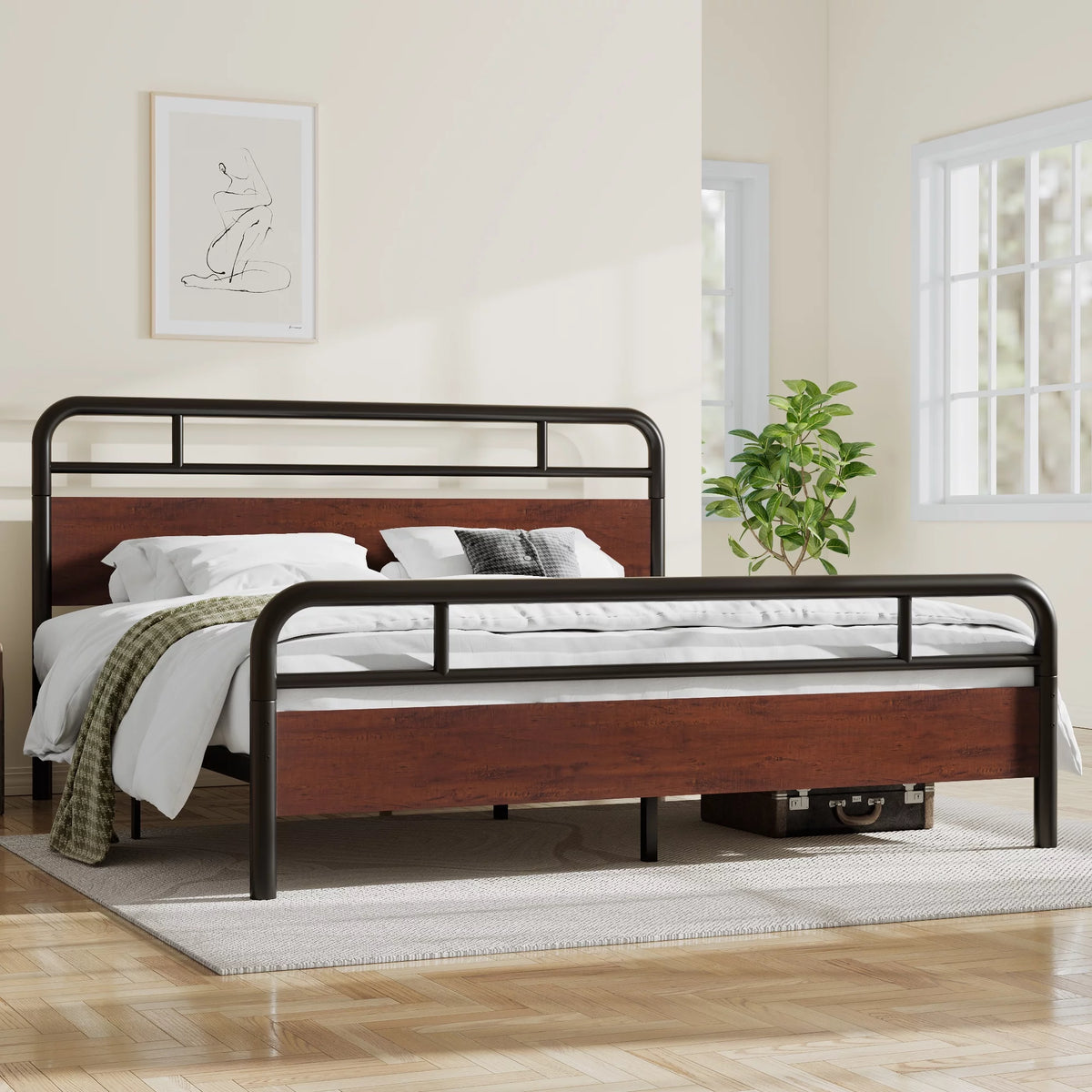 Dark Brown King Size Metal Platform Bed Frame with Wooden Headboard W311
