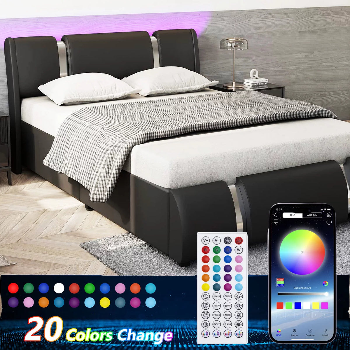 Faux Leather Full Size Platform Bed with LED Light and Adjustable Headboard C2865