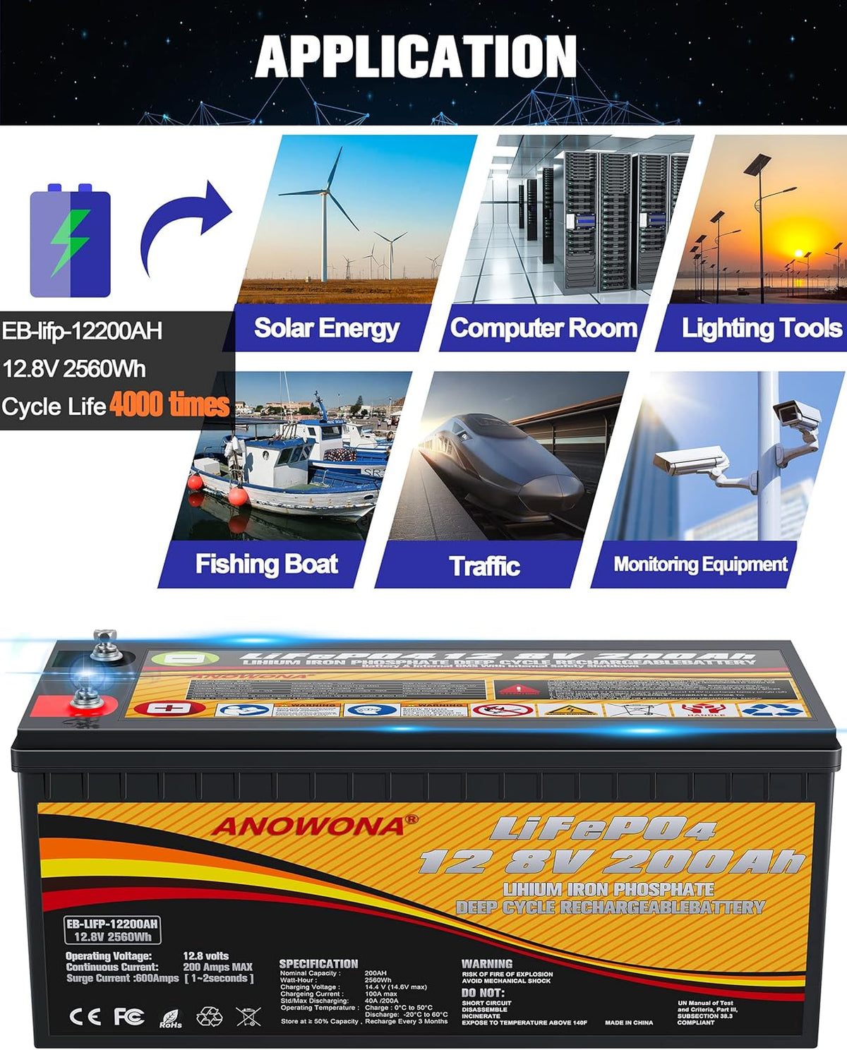 12.8V 200Ah Lithium Iron LiFePO4 Deep Cycle Battery with 200A BMS H871