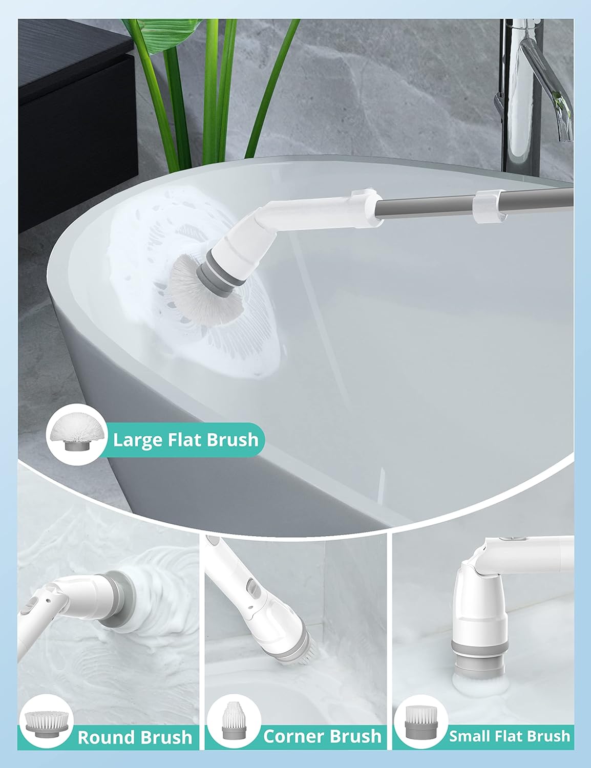 Cordless Electric Spin Scrubber with Adjustable Extension Arm and 4 Replaceable Cleaning Heads Y807
