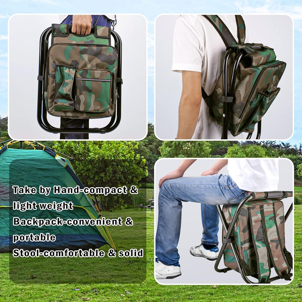 Folding Stool Backpack Insulated Cooler Bag with Front Pocket and Bottle Pocket H105912