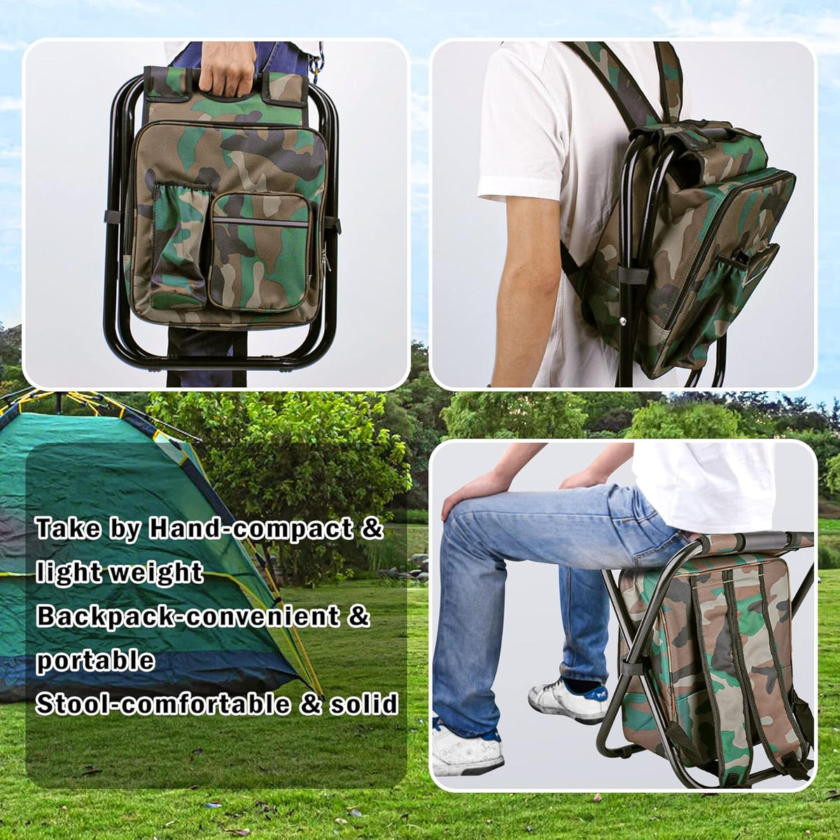 Folding Stool Backpack Insulated Cooler Bag with Front Pocket and Bottle Pocket H105912