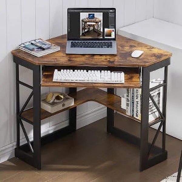 Corner Computer Desk & Chair Set, Adjustable Height Ergonomic Office Chair with Keyboard Tray and Storage Shelf C9057