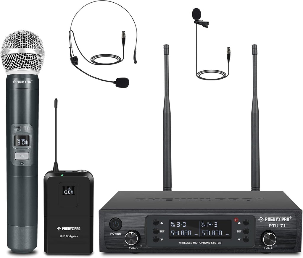 Dual Channel Wireless Microphone System with Handheld, Bodypack, Headset, Lapel M2905