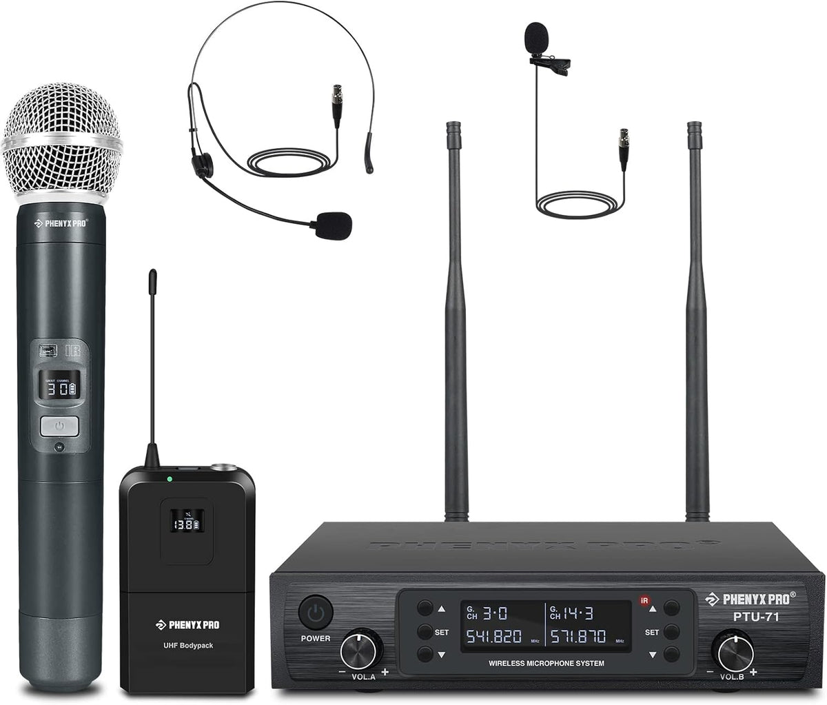 Dual Channel Wireless Microphone System with Handheld, Bodypack, Headset, Lapel M2905