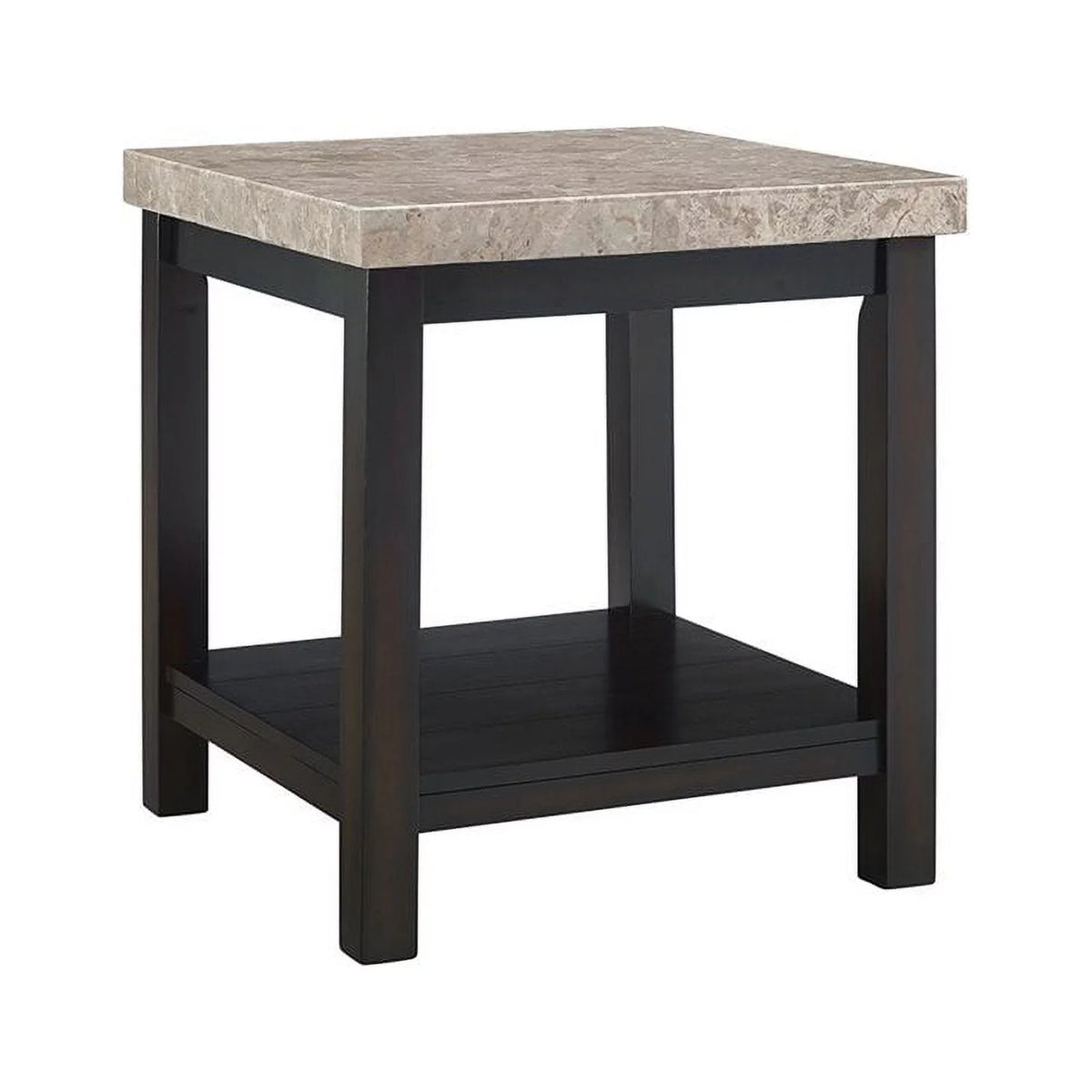 Square Wood End Table with Marble Top and Bottom Shelf in Espresso G4040