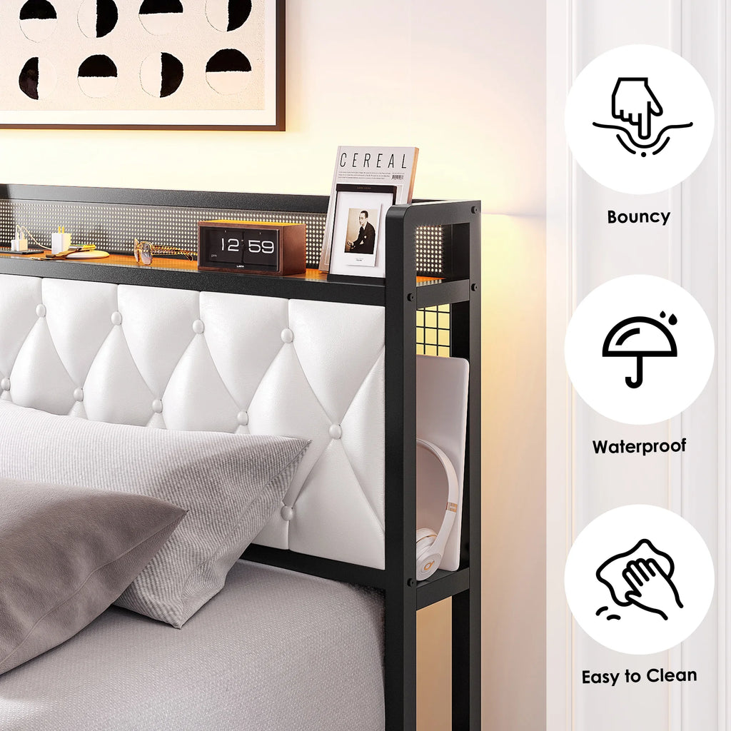 King Size White Leather Upholstered Platform Bed Frame with 4 Storage Drawers N6909