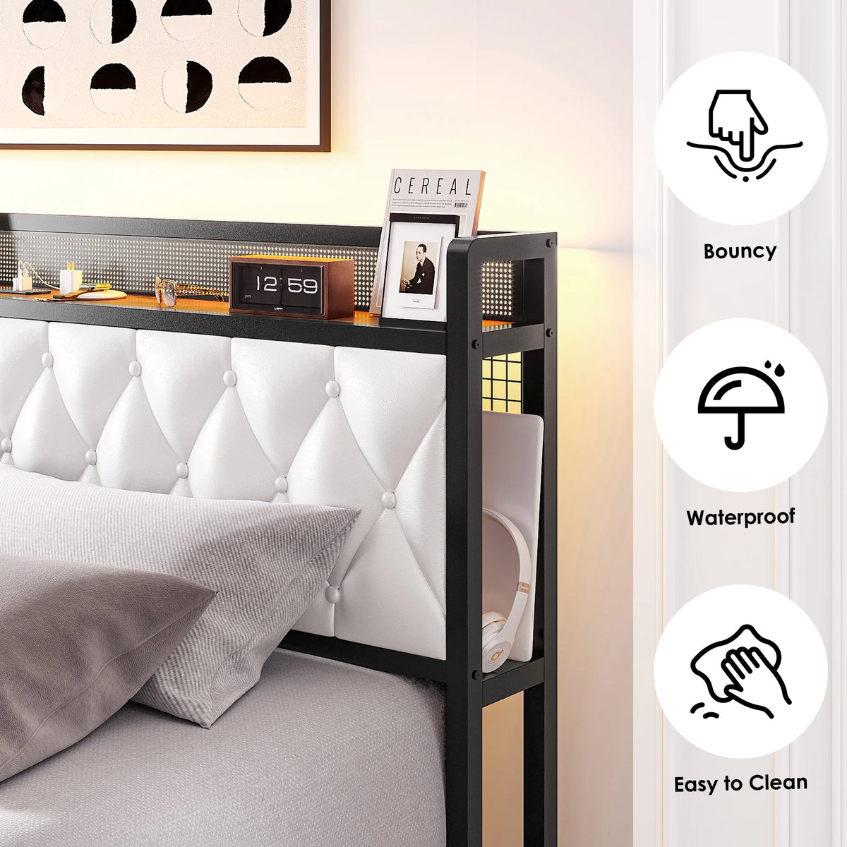 King Size White Leather Upholstered Platform Bed Frame with 4 Storage Drawers N6909