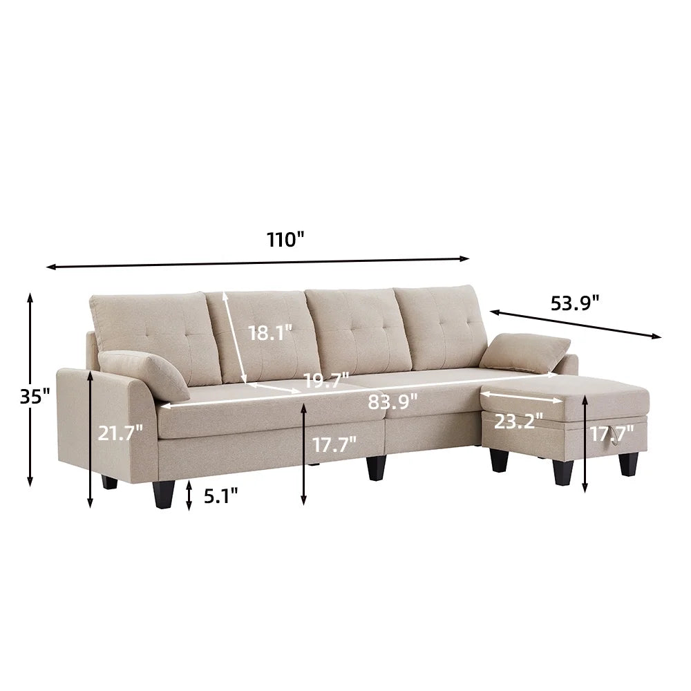 Modern Sectional Sofa with Reversible Chaise L Shaped 4-Seat Convertible Sofa B44247