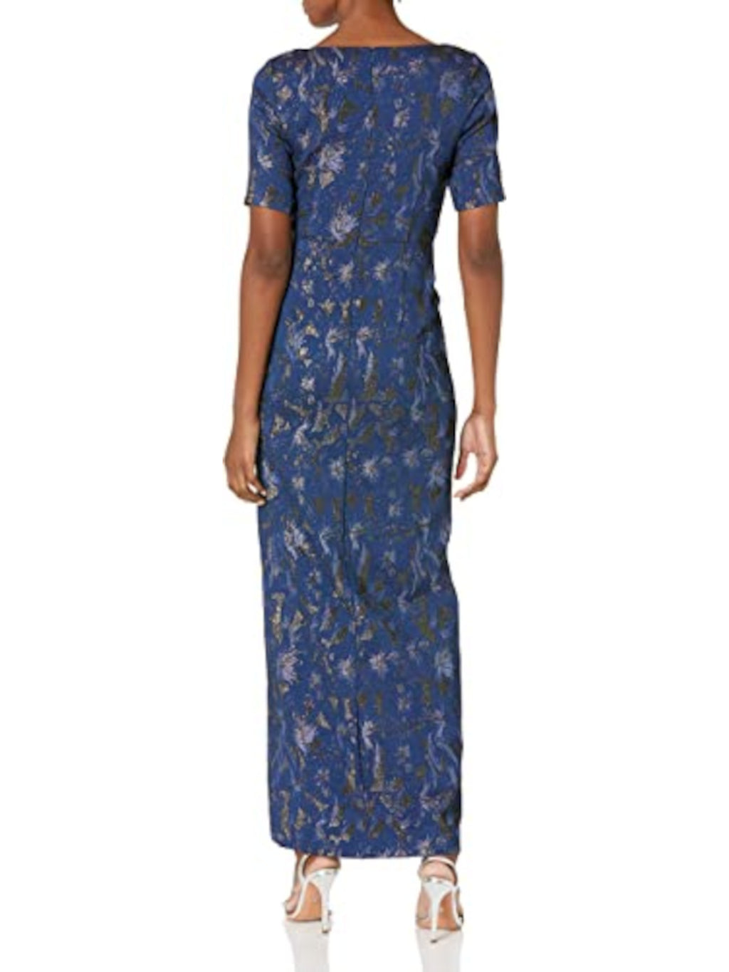 Navy Zippered Ruched Draped Thigh-high Slit Lined Short Sleeve Sweetheart Neckline Full-Length Evening Gown Dress R403