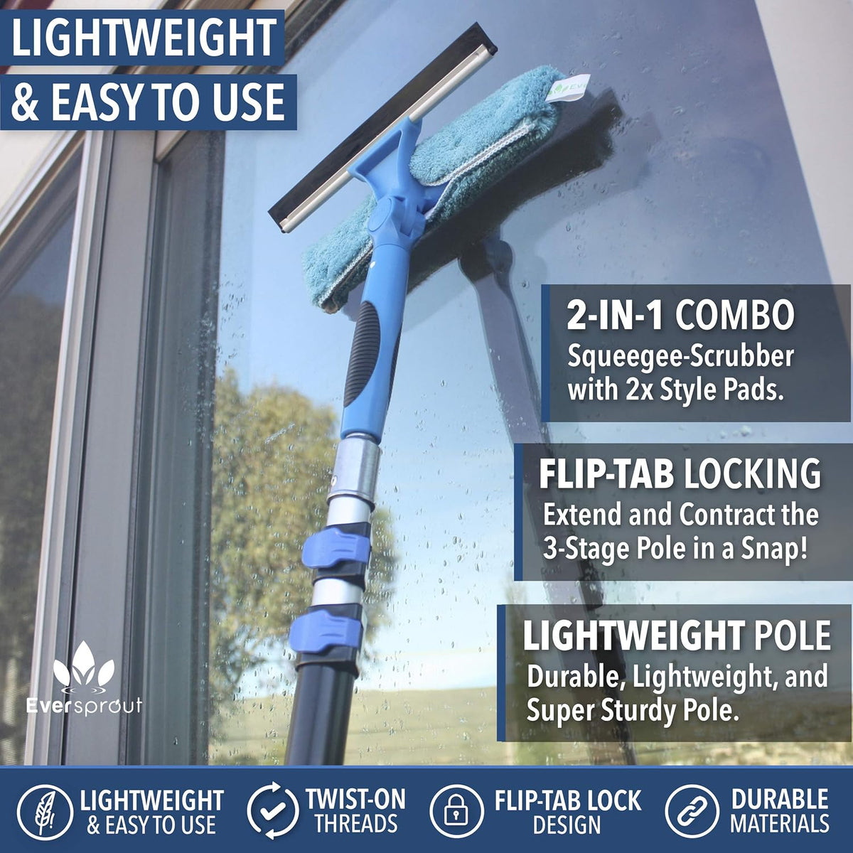Swivel Squeegee and Microfiber Window Scrubber with Aluminum Extension Pole, 10-inch Blades Pack of 2 E4447
