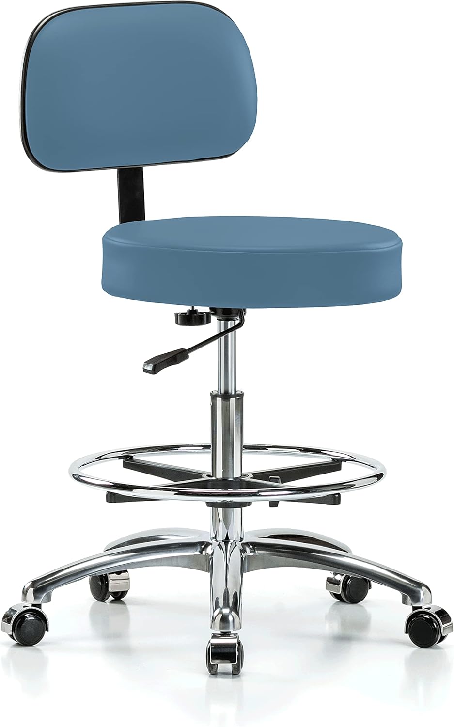 Chrome Rolling Height Adjustable Exam Stool with Back and Footring (Cinder Fabric) K365