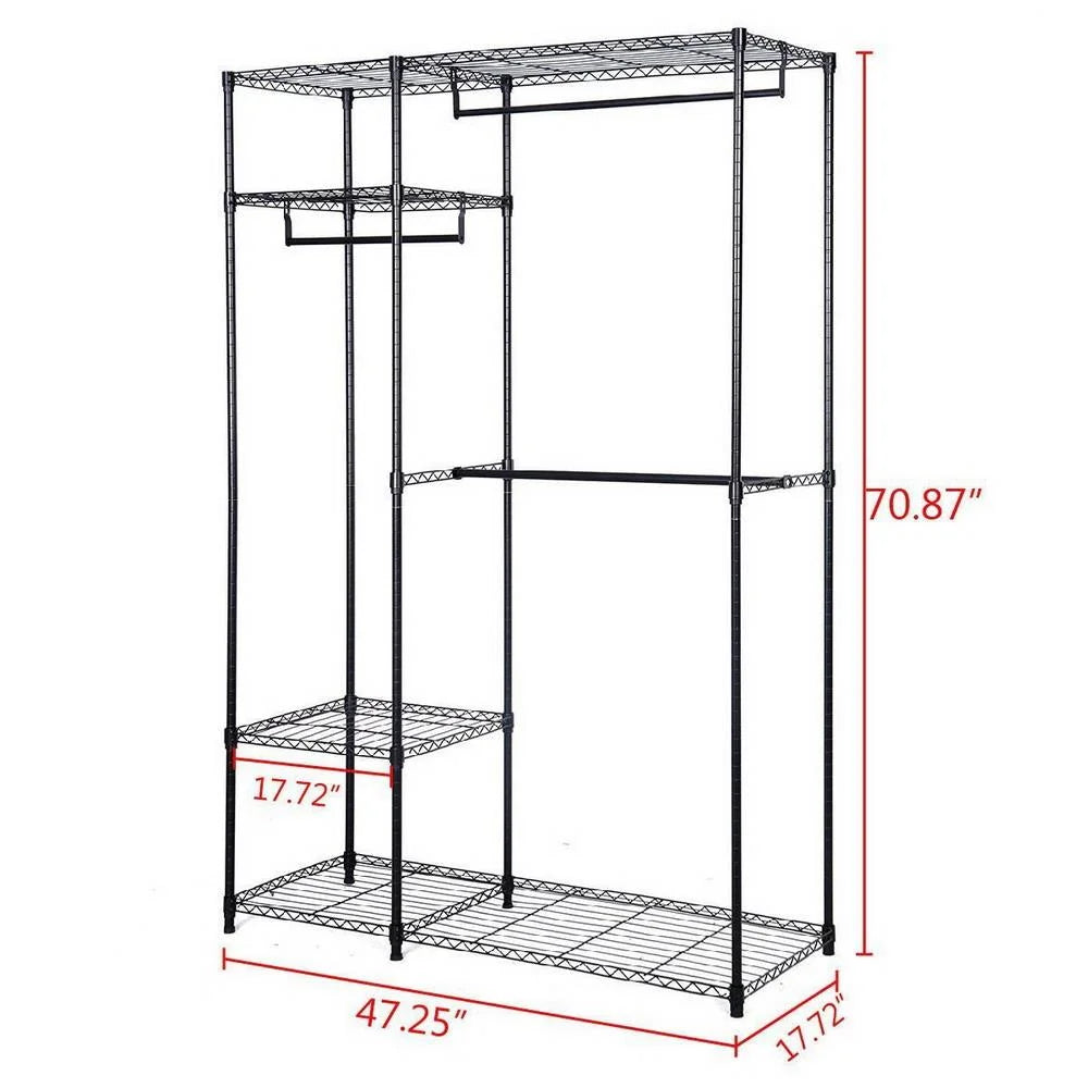 Portable Heavy Duty Clothing Storage Rack with 4 Shelves & 3 Hanging Rails Black V422346