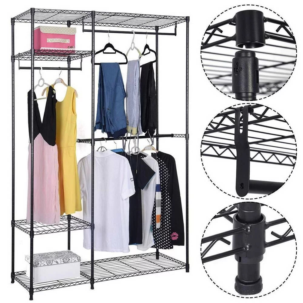 Portable Heavy Duty Clothing Storage Rack with 4 Shelves & 3 Hanging Rails Black V422346