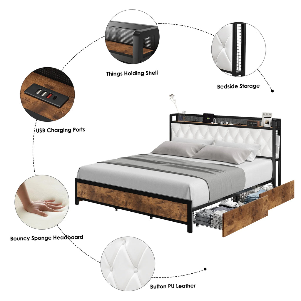 King Size White Leather Upholstered Platform Bed Frame with 4 Storage Drawers N6909