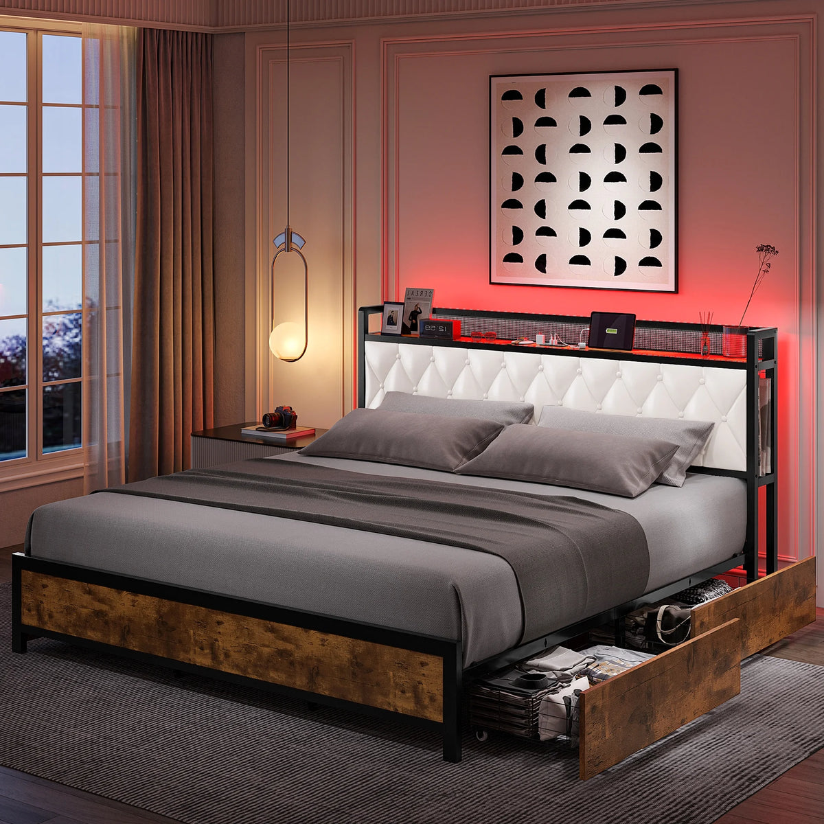King Size White Leather Upholstered Platform Bed Frame with 4 Storage Drawers N6909