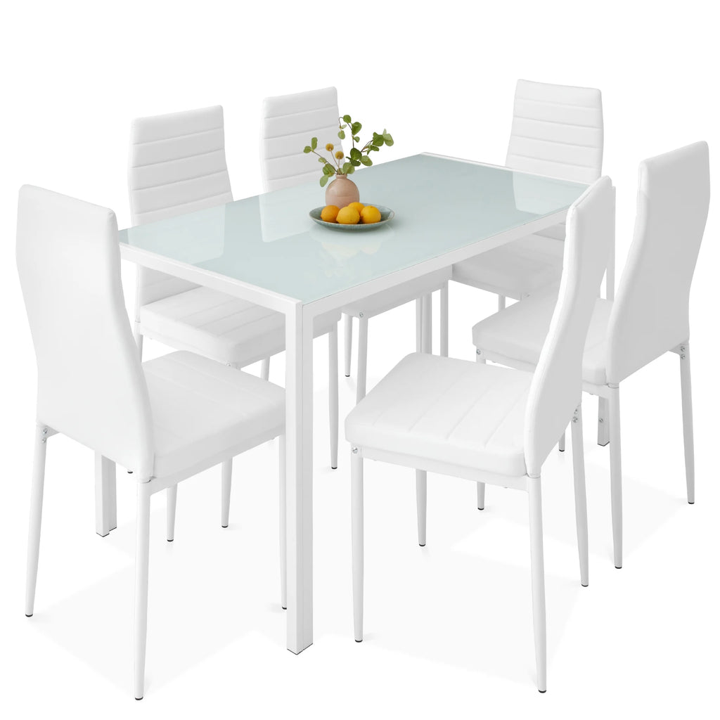 7-Piece Kitchen Dining Table Set with Glass Tabletop 6 Faux Leather Chairs X79880
