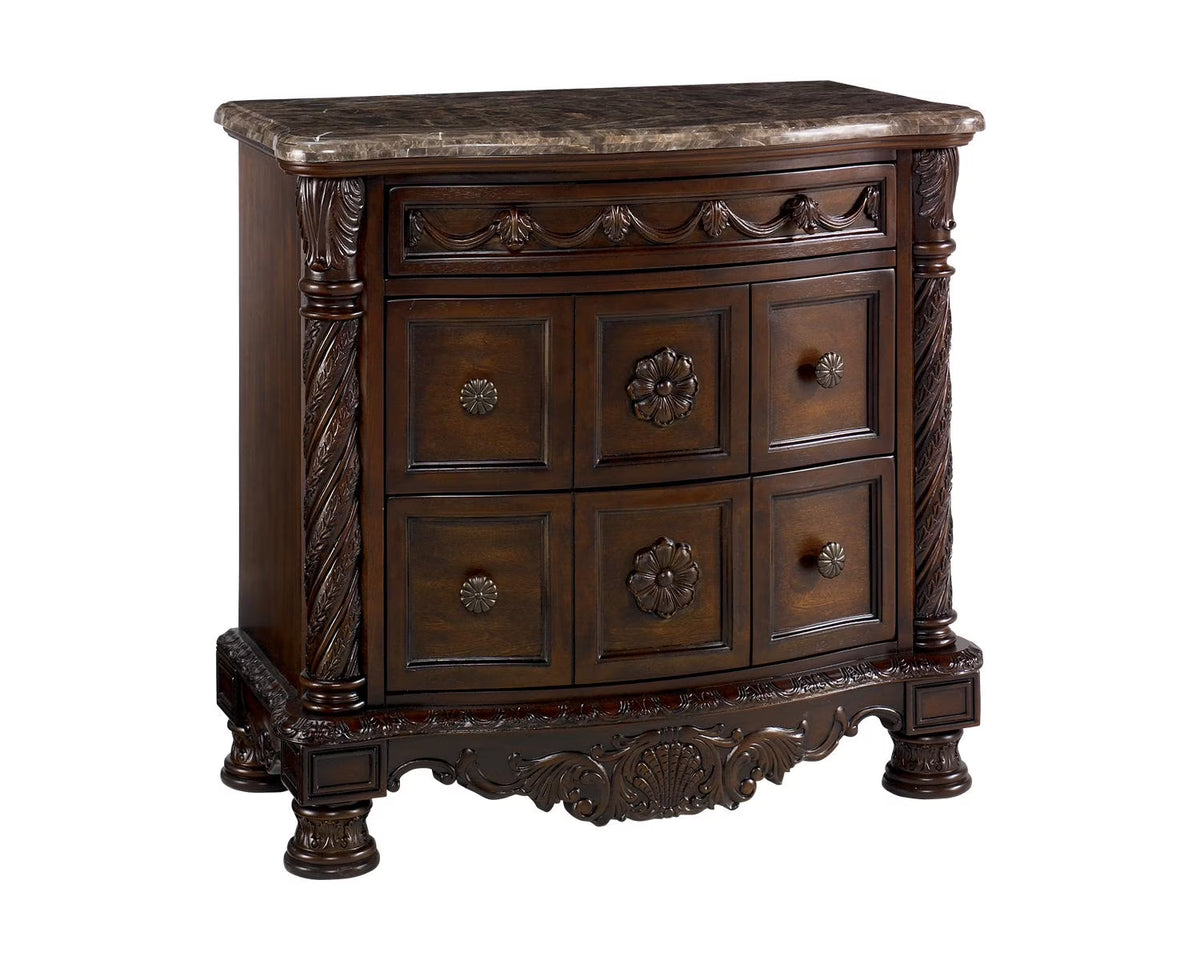 Ornate 3 Drawer Nightstand with Marble Inlay Top, Dark Brown X9621