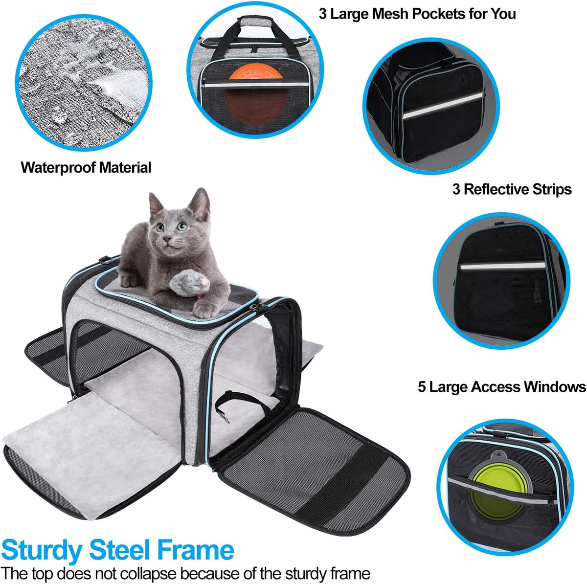 Large Soft-Sided Collapsible Pet Travel Carrier with 5 Doors G657