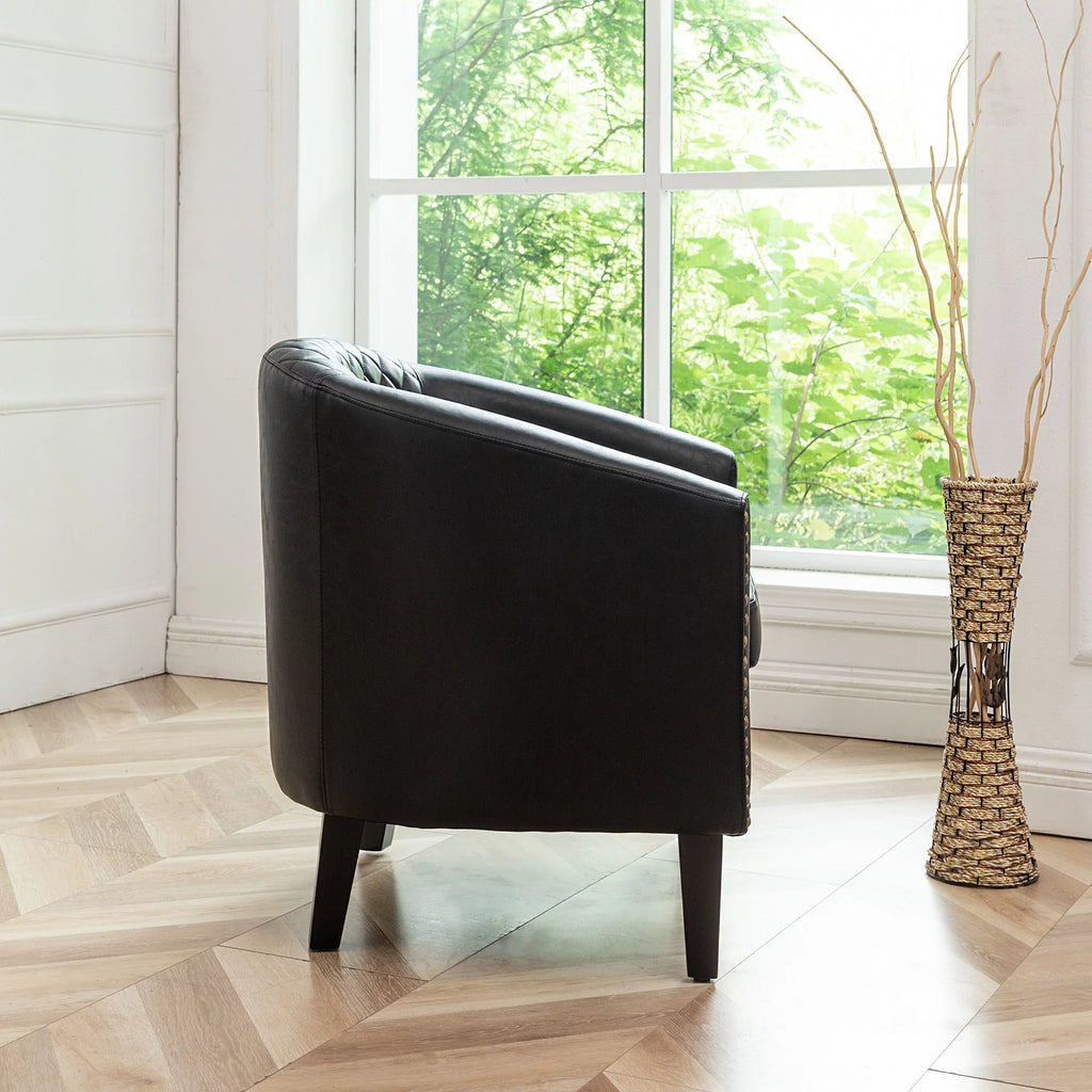 Mid Century Modern Tufted Faux Leather Barrel Armchair G403