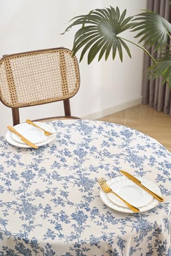 Blue Flower 55 Inch Round Cotton Linen Tablecloth A9410