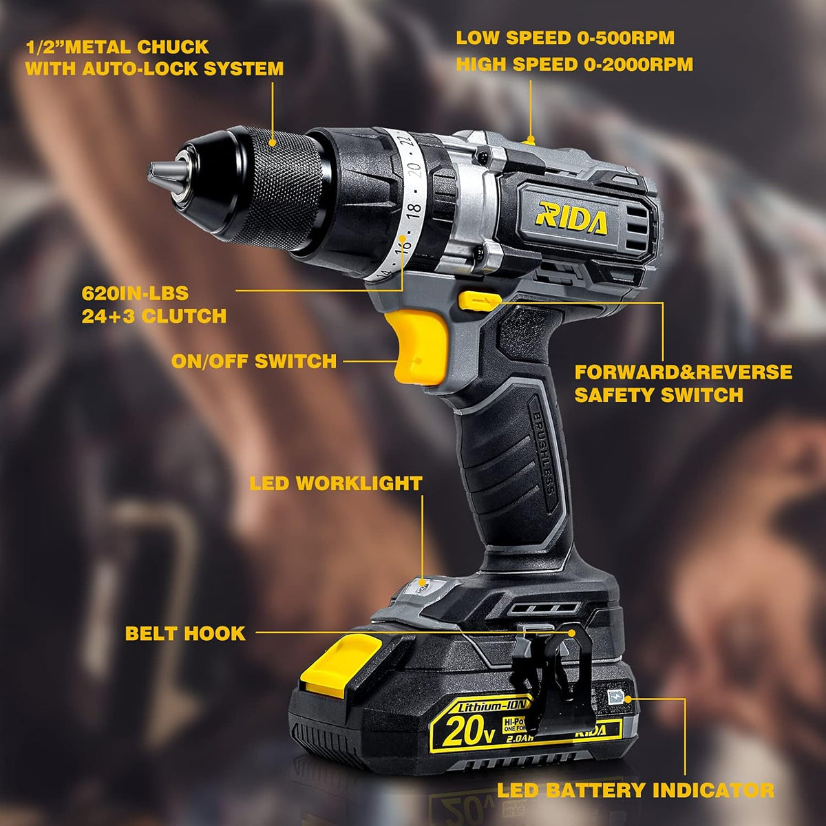 20V Cordless Electric Power Drill Set with 2.0AH Li-Battery Q82120